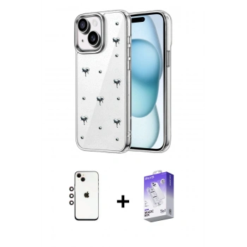 MARSİLYAN™- iPhone 14 Kılıf Yörünge Form - Siyah Bilvis 5in1 3D Magic Cam Ekran Koruyucu + Shine Kamera Lens - GI