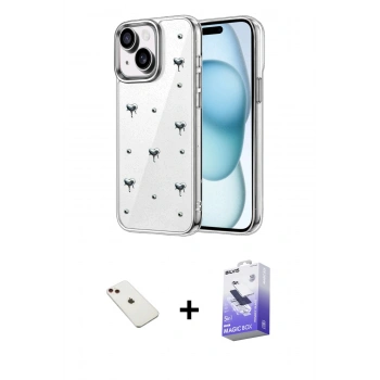 MARSİLYAN™- iPhone 14 Kılıf Yörünge Form - Siyah Bilvis 5in1 5D Magic Hayalet Cam Ekran Koruyucu + Diamond Kamera Lens - KI