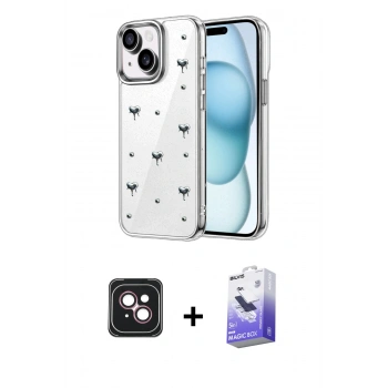 MARSİLYAN™- iPhone 14 Kılıf Yörünge Form - Siyah Bilvis 5in1 5D Magic Hayalet Cam Ekran Koruyucu + PVD Metal Kamera Lens - PE