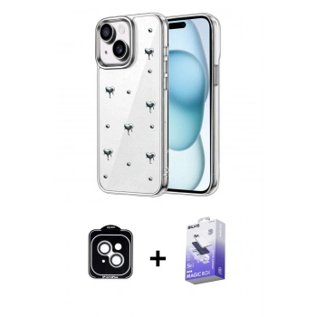 MARSİLYAN™- iPhone 14 Kılıf Yörünge Form - Siyah Bilvis 5in1 5D Magic Hayalet Cam Ekran Koruyucu + PVD Metal Kamera Lens - GS