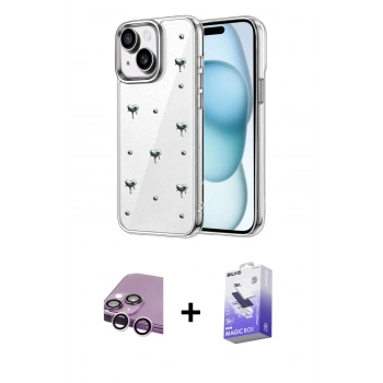 MARSİLYAN™- iPhone 14 Kılıf Yörünge Form - Siyah Bilvis 5in1 5D Magic Hayalet Cam Ekran Koruyucu + Raze Metal Kamera Lens - MR