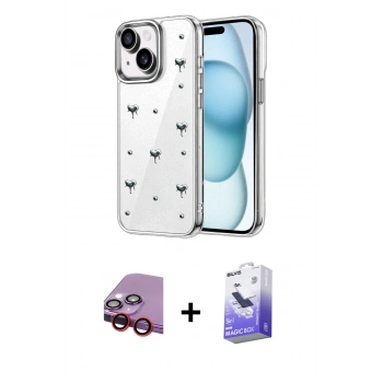 MARSİLYAN™- iPhone 14 Kılıf Yörünge Form - Siyah Bilvis 5in1 5D Magic Hayalet Cam Ekran Koruyucu + Raze Metal Kamera Lens - KI