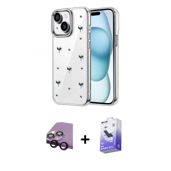 MARSİLYAN™- iPhone 14 Kılıf Yörünge Form - Siyah Bilvis 5in1 5D Magic Hayalet Cam Ekran Koruyucu + Raze Metal Kamera Lens - SH