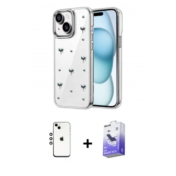 MARSİLYAN™- iPhone 14 Kılıf Yörünge Form - Siyah Bilvis 5in1 5D Magic Hayalet Cam Ekran Koruyucu + Shine Kamera Lens - GS