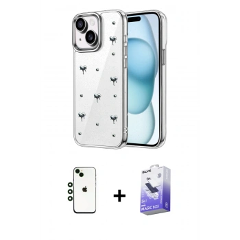 MARSİLYAN™- iPhone 14 Kılıf Yörünge Form - Siyah Bilvis 5in1 5D Magic Hayalet Cam Ekran Koruyucu + Shine Kamera Lens - YL