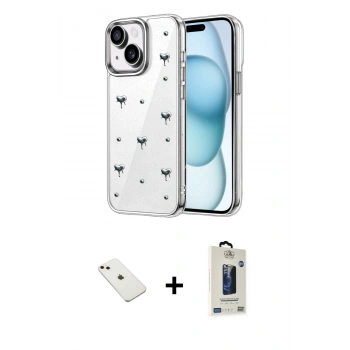 MARSİLYAN™- iPhone 14 Kılıf Yörünge Form - Siyah Bilvis Hayalet Cam Ekran Koruyucu + Diamond Kamera Lens - PE