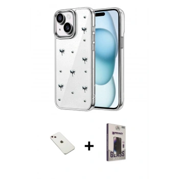 MARSİLYAN™- iPhone 14 Kılıf Yörünge Form - Siyah Bilvis Hayalet Cam Ekran Koruyucu + Diamond Kamera Lens - PE