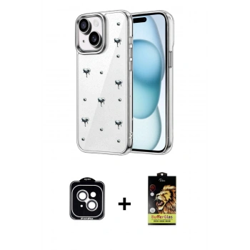 MARSİLYAN™- iPhone 14 Kılıf Yörünge Form - Siyah Buffer Cam Ekran Koruyucu + PVD Metal Kamera Lens - GS