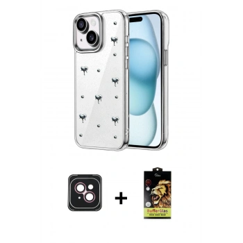 MARSİLYAN™- iPhone 14 Kılıf Yörünge Form - Siyah Buffer Cam Ekran Koruyucu + PVD Metal Kamera Lens - PE