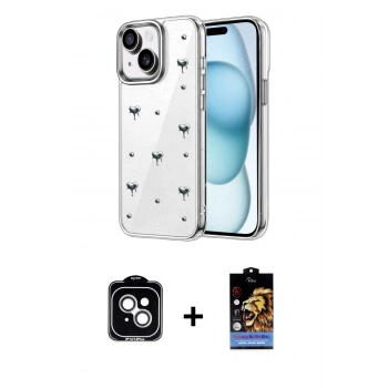 MARSİLYAN™- iPhone 14 Kılıf Yörünge Form - Siyah Buffer Hayalet Cam Ekran Koruyucu + PVD Metal Kamera Lens - GS