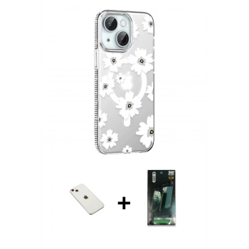 MARSİLYAN™- iPhone 14 Kılıf Yörünge Işık Prime - Şeffaf 360 Full Body Arka Koruyucu + Diamond Kamera Lens - PE