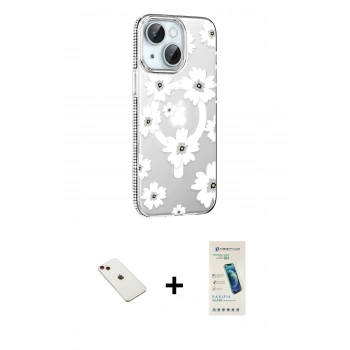 MARSİLYAN™- iPhone 14 Kılıf Yörünge Işık Prime - Şeffaf Pasifik Cam Ekran Koruyucu + Diamond Kamera Lens - KI