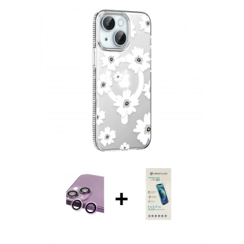 MARSİLYAN™- iPhone 14 Kılıf Yörünge Işık Prime - Şeffaf Pasifik Cam Ekran Koruyucu + Raze Metal Kamera Lens - MR