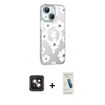MARSİLYAN™- iPhone 14 Kılıf Yörünge Işık Prime - Şeffaf Pasifik Cam Ekran Koruyucu + PVD Metal Kamera Lens - PE