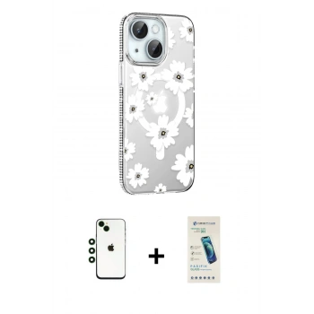 MARSİLYAN™- iPhone 14 Kılıf Yörünge Işık Prime - Şeffaf Pasifik Cam Ekran Koruyucu + Shine Kamera Lens - YL