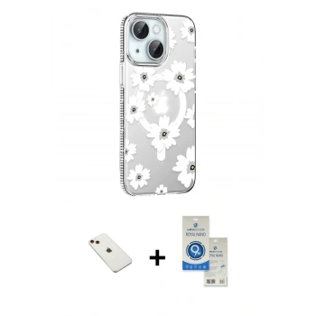 MARSİLYAN™- iPhone 14 Kılıf Yörünge Işık Prime - Şeffaf Royal Nano Ekran Koruyucu + Diamond Kamera Lens - KI