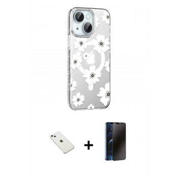 MARSİLYAN™- iPhone 14 Kılıf Yörünge Işık Prime - Siyah 3D Antistatik Hayalet Cam Ekran Koruyucu + Diamond Kamera Lens - SABE
