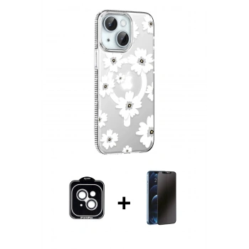 MARSİLYAN™- iPhone 14 Kılıf Yörünge Işık Prime - Siyah 3D Antistatik Hayalet Cam Ekran Koruyucu + PVD Metal Kamera Lens - GS