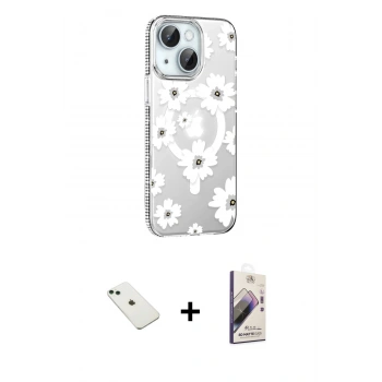MARSİLYAN™- iPhone 14 Kılıf Yörünge Işık Prime - Siyah Bilvis 3D Mat Cam Ekran Koruyucu + Diamond Kamera Lens - YL