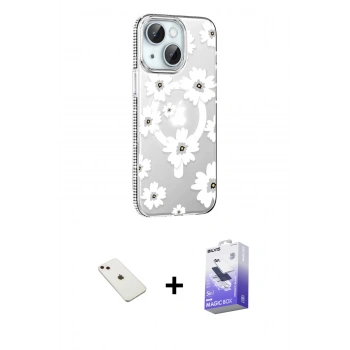 MARSİLYAN™- iPhone 14 Kılıf Yörünge Işık Prime - Siyah Bilvis 5in1 5D Magic Hayalet Cam Ekran Koruyucu + Diamond Kamera Lens - PE