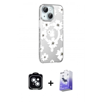 MARSİLYAN™- iPhone 14 Kılıf Yörünge Işık Prime - Siyah Bilvis 5in1 5D Magic Hayalet Cam Ekran Koruyucu + PVD Metal Kamera Lens - MI