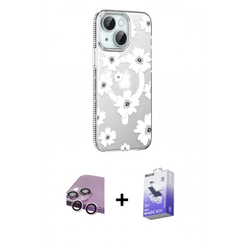 MARSİLYAN™- iPhone 14 Kılıf Yörünge Işık Prime - Siyah Bilvis 5in1 5D Magic Hayalet Cam Ekran Koruyucu + Raze Metal Kamera Lens - MR