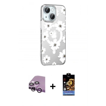 MARSİLYAN™- iPhone 14 Kılıf Yörünge Işık Prime - Siyah Buffer Hayalet Cam Ekran Koruyucu + Raze Metal Kamera Lens - MR