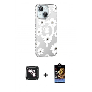 MARSİLYAN™- iPhone 14 Kılıf Yörünge Işık Prime - Siyah Buffer Hayalet Cam Ekran Koruyucu + PVD Metal Kamera Lens - PE