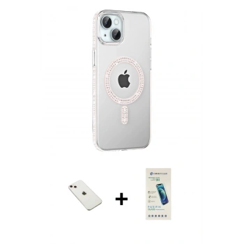 MARSİLYAN™- iPhone 14 Kılıf Yörünge Koleksiyonu - Şeffaf Pasifik Cam Ekran Koruyucu + Diamond Kamera Lens - PE