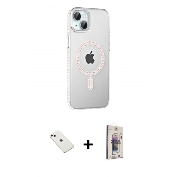 MARSİLYAN™- iPhone 14 Kılıf Yörünge Koleksiyonu - Siyah Bilvis 3D Cam Ekran Koruyucu + Diamond Kamera Lens - KI