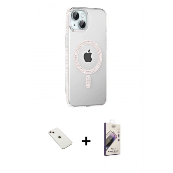 MARSİLYAN™- iPhone 14 Kılıf Yörünge Koleksiyonu - Siyah Bilvis 3D Mat Cam Ekran Koruyucu + Diamond Kamera Lens - PE