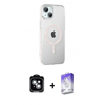 MARSİLYAN™- iPhone 14 Kılıf Yörünge Koleksiyonu - Siyah Bilvis 5in1 3D Magic Cam Ekran Koruyucu + PVD Metal Kamera Lens - MI