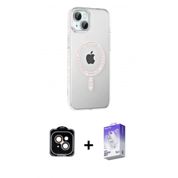 MARSİLYAN™- iPhone 14 Kılıf Yörünge Koleksiyonu - Siyah Bilvis 5in1 3D Magic Cam Ekran Koruyucu + PVD Metal Kamera Lens - TU