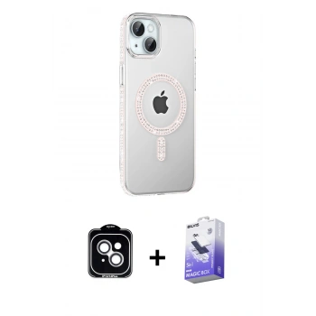 MARSİLYAN™- iPhone 14 Kılıf Yörünge Koleksiyonu - Siyah Bilvis 5in1 5D Magic Hayalet Cam Ekran Koruyucu + PVD Metal Kamera Lens - GS