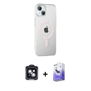 MARSİLYAN™- iPhone 14 Kılıf Yörünge Koleksiyonu - Siyah Bilvis 5in1 5D Magic Hayalet Cam Ekran Koruyucu + PVD Metal Kamera Lens - SH