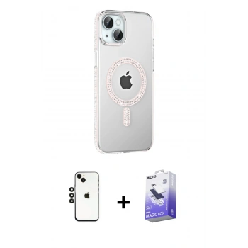 MARSİLYAN™- iPhone 14 Kılıf Yörünge Koleksiyonu - Siyah Bilvis 5in1 5D Magic Hayalet Cam Ekran Koruyucu + Shine Kamera Lens - SH