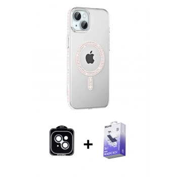 MARSİLYAN™- iPhone 14 Kılıf Yörünge Koleksiyonu - Siyah Bilvis 5in1 5D Magic Hayalet Cam Ekran Koruyucu + PVD Metal Kamera Lens - MI