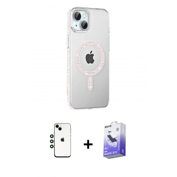 MARSİLYAN™- iPhone 14 Kılıf Yörünge Koleksiyonu - Siyah Bilvis 5in1 5D Magic Hayalet Cam Ekran Koruyucu + Shine Kamera Lens - YL