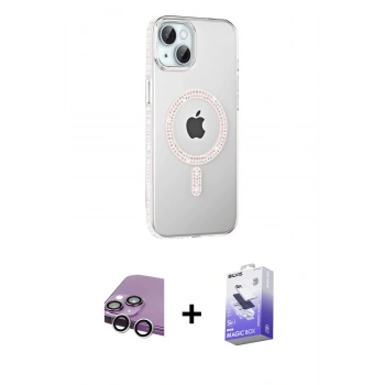 MARSİLYAN™- iPhone 14 Kılıf Yörünge Koleksiyonu - Siyah Bilvis 5in1 5D Magic Hayalet Cam Ekran Koruyucu + Raze Metal Kamera Lens - GS