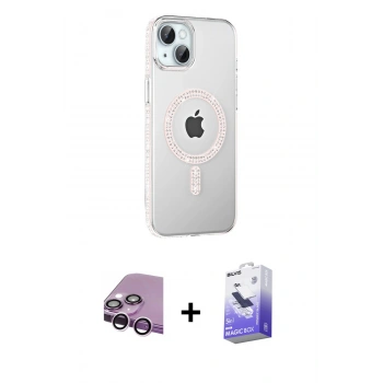 MARSİLYAN™- iPhone 14 Kılıf Yörünge Koleksiyonu - Siyah Bilvis 5in1 5D Magic Hayalet Cam Ekran Koruyucu + Raze Metal Kamera Lens - MR
