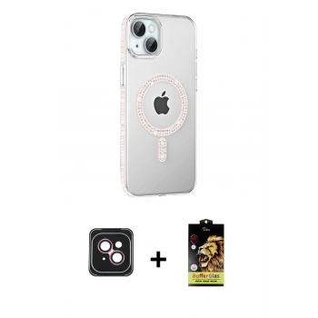 MARSİLYAN™- iPhone 14 Kılıf Yörünge Koleksiyonu - Siyah Buffer Cam Ekran Koruyucu + PVD Metal Kamera Lens - PE
