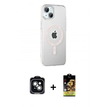 MARSİLYAN™- iPhone 14 Kılıf Yörünge Koleksiyonu - Siyah Buffer Cam Ekran Koruyucu + PVD Metal Kamera Lens - YL