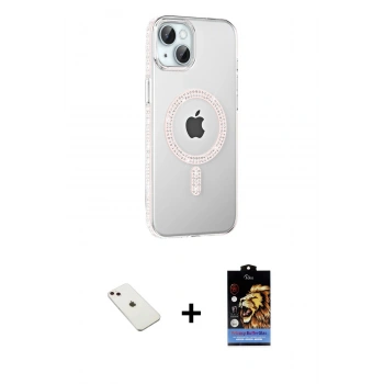 MARSİLYAN™- iPhone 14 Kılıf Yörünge Koleksiyonu - Siyah Buffer Hayalet Cam Ekran Koruyucu + Diamond Kamera Lens - PE