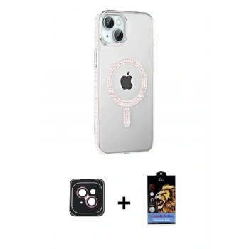 MARSİLYAN™- iPhone 14 Kılıf Yörünge Koleksiyonu - Siyah Buffer Hayalet Cam Ekran Koruyucu + PVD Metal Kamera Lens - PE