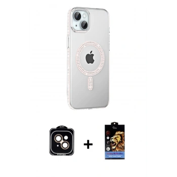 MARSİLYAN™- iPhone 14 Kılıf Yörünge Koleksiyonu - Siyah Buffer Hayalet Cam Ekran Koruyucu + PVD Metal Kamera Lens - TU