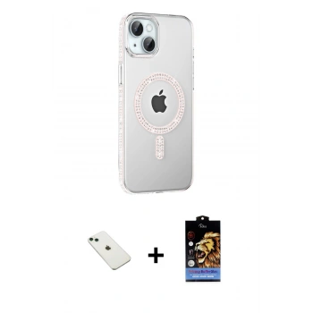 MARSİLYAN™- iPhone 14 Kılıf Yörünge Koleksiyonu - Siyah Buffer Hayalet Cam Ekran Koruyucu + Diamond Kamera Lens - YL