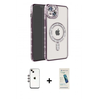 MARSİLYAN™- iPhone 14 Kılıf Zirve Doku Prime - Şeffaf Pasifik Cam Ekran Koruyucu + Shine Kamera Lens - GI