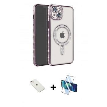 MARSİLYAN™- iPhone 14 Kılıf Zirve Doku Prime - Siyah 3D Antistatik Cam Ekran Koruyucu + Diamond Kamera Lens - PE