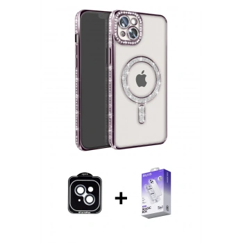 MARSİLYAN™- iPhone 14 Kılıf Zirve Doku Prime - Siyah Bilvis 5in1 3D Magic Cam Ekran Koruyucu + PVD Metal Kamera Lens - MI