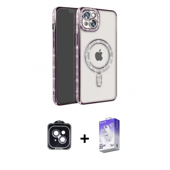 MARSİLYAN™- iPhone 14 Kılıf Zirve Doku Prime - Siyah Bilvis 5in1 3D Magic Cam Ekran Koruyucu + PVD Metal Kamera Lens - SH